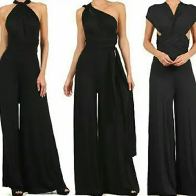 Black Women's Wide Leg Jumpsuit with Cross Back Design