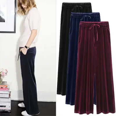 Women Velvet Wide Leg Pants Plus Size High Waisted Casual Black
