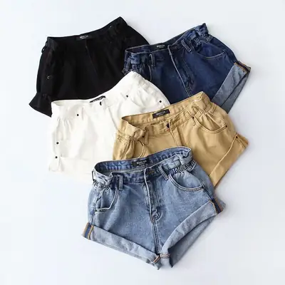 Women Washed Elastic Waist Denim Shorts Summer