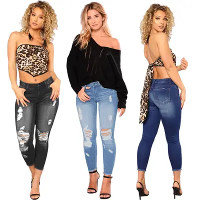 Women Ripped Denim Pants Dark Blue Tight Fit