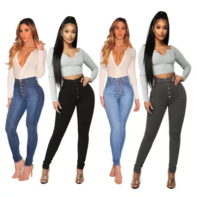 Women High Waist Slim Fit Grey Jeans New