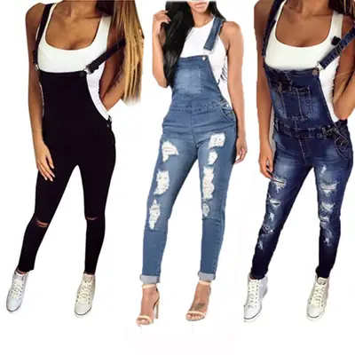Women Denim Ripped Jumpsuit Casual Sports White