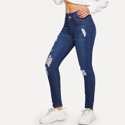Women Ripped Jeans Dark Blue Spring Casual Pants