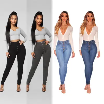 Black High Waist Elastic Denim Trousers for Women