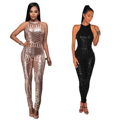 Women Sequined Sleeveless Jumpsuit Black Hip-Covering