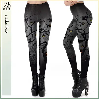 Women Halloween Pumpkin Print Leggings Cold Tone Daily Use