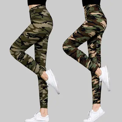 Women Camouflage Elastic Leggings Gray Green New