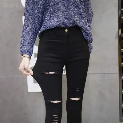 Women Black Ripped High Waisted Slim Pants Autumn Winter