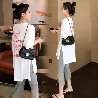 White Printed T-Shirt & Gray Pants 2-Piece Set