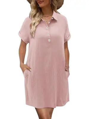 Pink Cotton Button Front Dress for Women Summer Wear