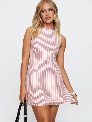 Striped Sleeveless Dress Pink White Slimming Fit thumbnail 1