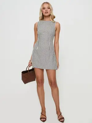 Striped Sleeveless Dress Pink White Slimming Fit thumbnail 5