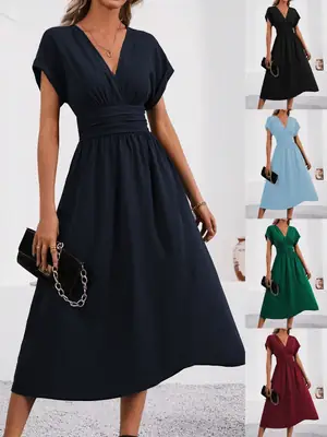 Elegant V-Neck Dress with Pleated Waist for Pakistani Summer Events