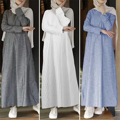 Women's Long Sleeve Striped Dress Grey White Blue Cotton Linen