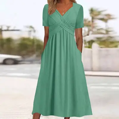 Green V-Neck A-Line Dress for Women Summer Wear