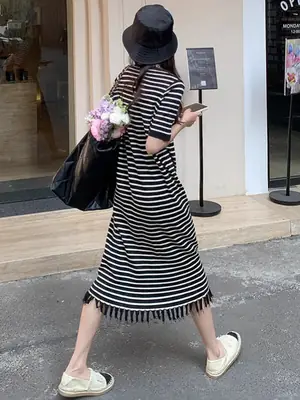 Striped Knit Dress Black White Loose Fit Mid Length