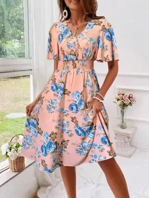 Floral V-Neck Dress Blue Pink Plus Size Summer Wear