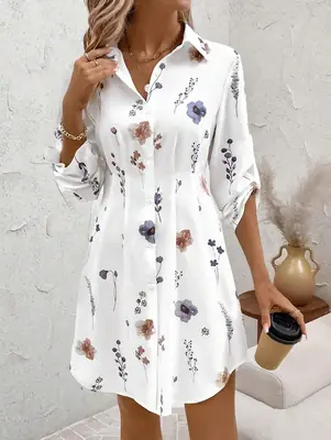 Women Floral Print Dress White Long Sleeve Button Down