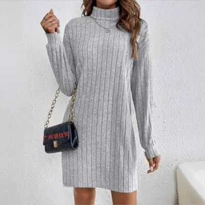 High Neck Long Sleeve Gray Striped Dress for Women