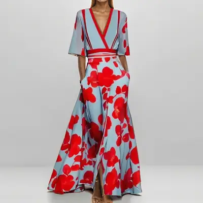 V-Neck Floral Print Wide Leg Dress Red Blue