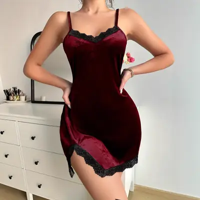 Burgundy Velvet Nightgown with Lace Trim