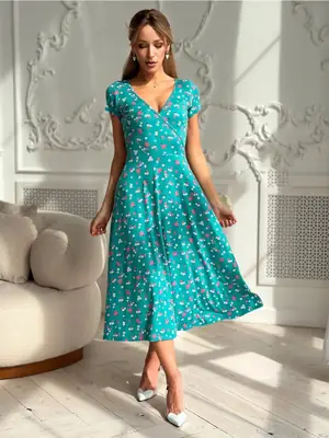 Turquoise Floral V-Neck Dress for Women