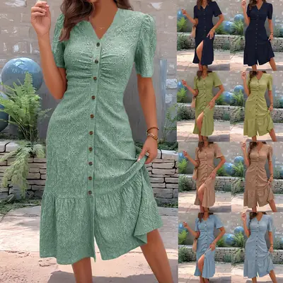 Women V-Neck Button Dress Light Green Side Slit