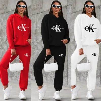 Women Fleece Hooded Sweatshirt Set OK Jeans Red Black White