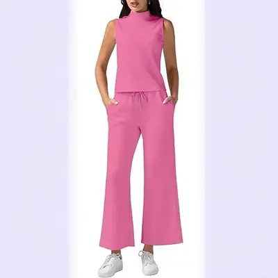 Sleeveless Pink High Neck Wide Leg Pants Set