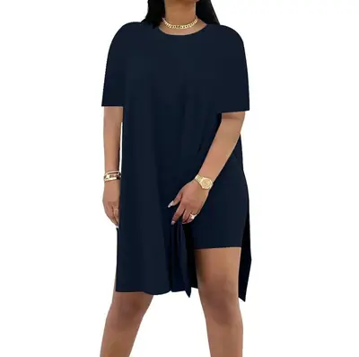 Navy Blue Loose Fit Summer Dress Set with Side Slit