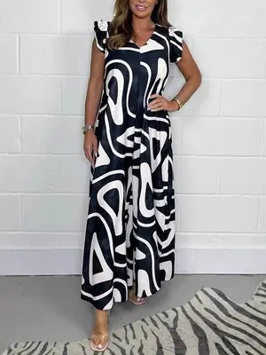 Black White Abstract Print Wide Leg Trousers for Women