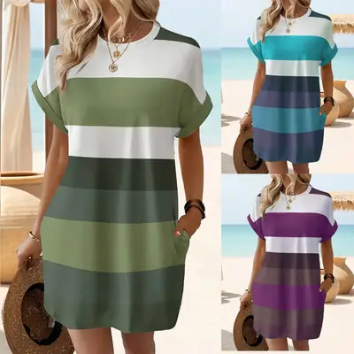 Plus Size Striped Summer Dress Green Blue Purple