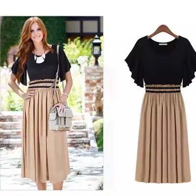 Plus Size Chiffon Dress Black Beige Slim Waist Pleated Skirt