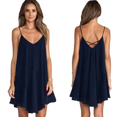 Navy Blue Chiffon Dress with Back Criss Cross Straps