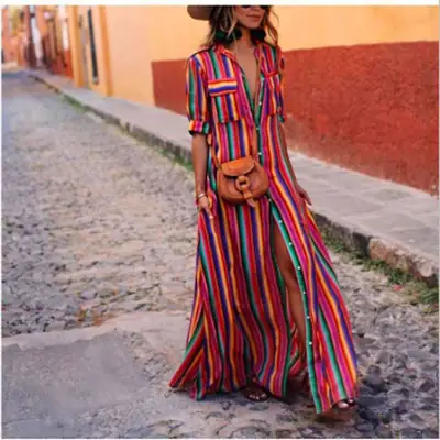 Bohemian Striped Maxi Dress for Women Plus Size