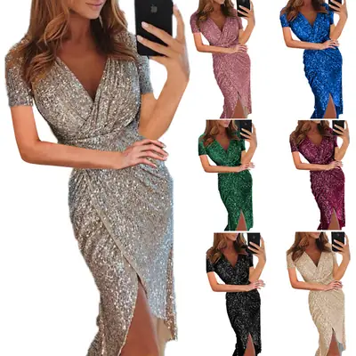 Sparkling Sequin Dress for Women V-Neck Side Slit