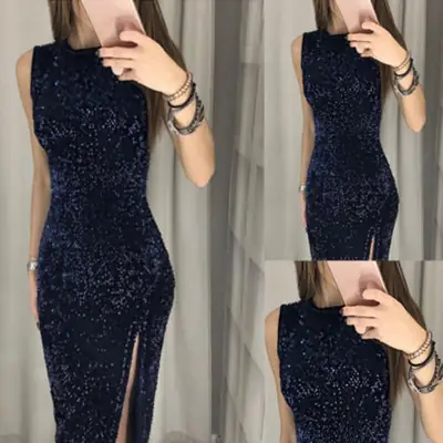 Navy Blue Sequin Sleeveless Dress for Women