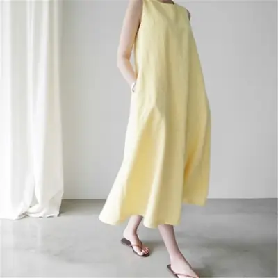 Sleeveless Linen Dress Yellow Summer Wear
