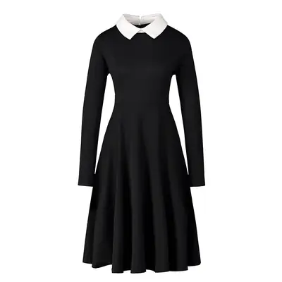 Black Flared Skirt Dress with White Collar for Women