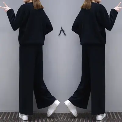 Women Black Wide Leg Pants Set Plus Size Spring Wear