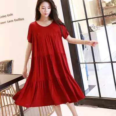 Red Loose Tiered Dress for Plus Size Summer Wear