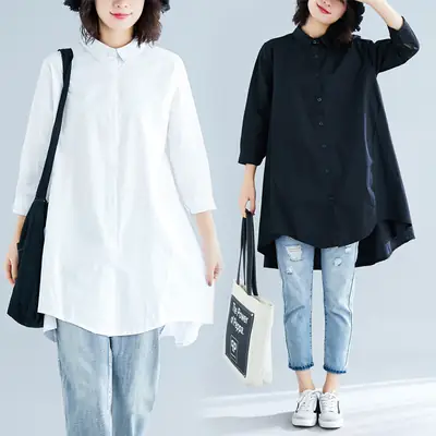 Long Sleeve Shirt Dress White Black Loose Fit Casual Wear