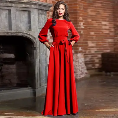 Red Long Dress with Lantern Sleeves for Women