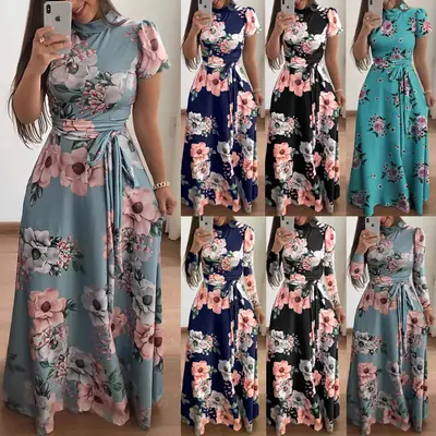 Floral Wrap Waist Dress for Women, Machine Washable, Short Sleeve, Warm Weather