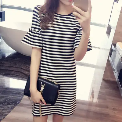 Women Striped Bell Sleeve Dress Pakistan Summer Wear thumbnail 3