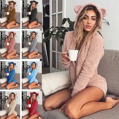 Plush Hooded Jumpsuit Bear Ears Soft Cozy