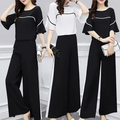 Black Wide Leg Pants Set for Women Summer Wear