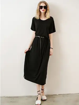 Black Belted Midi Dress for Women, Machine Washable, Loose Fit thumbnail 1
