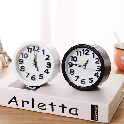 Round Alarm Clock White Black Modern Desktop Student Use