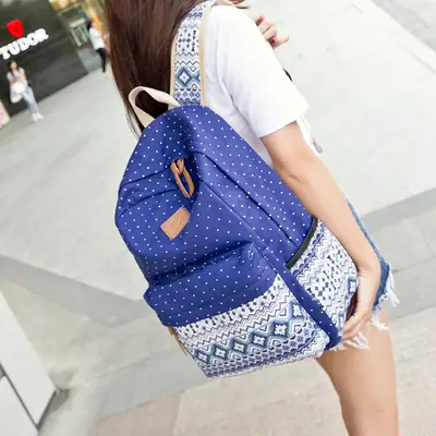 Women Ethnic Print Canvas Backpack Blue Dot Travel School Bag